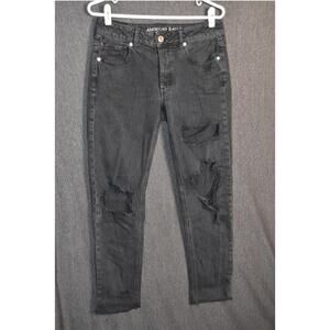 American Eagle Women's Size 2 Black Tomgirl Denim Jeans Button Fly Thrash Ripped